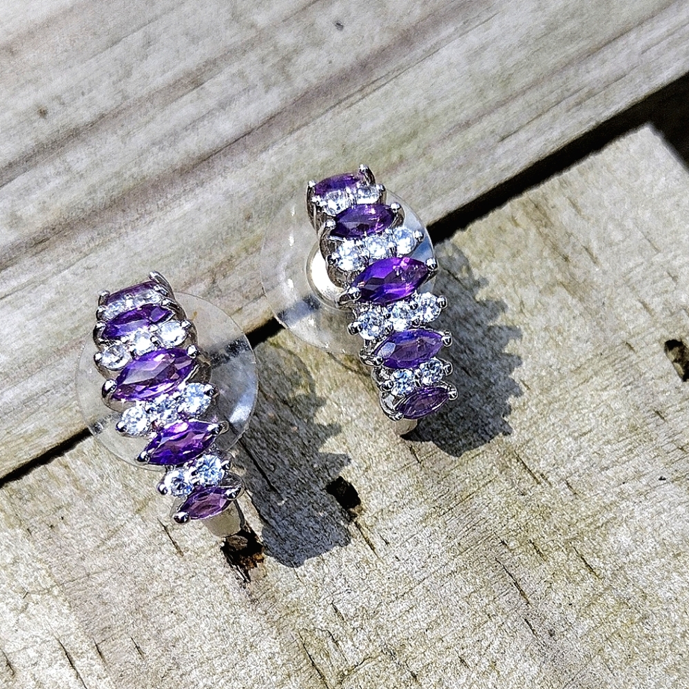 EUC Zales silver earrings with amethyst and CZ stones
